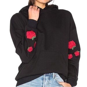 Revolve LPA Embroidered Rose Hoodie Sweatshirt Black Size Small